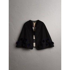Burberry Fur Pom-pom Detail Cashmere Wool Cape